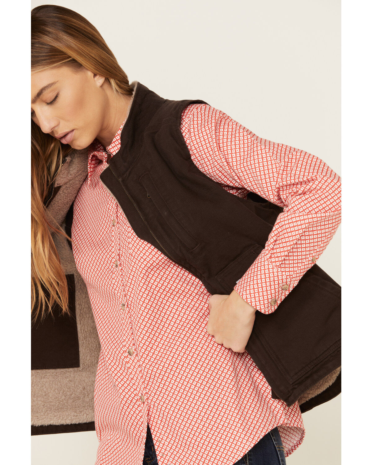 Carhartt Women's Dark Brown Washed Duck Sherpa Lined Vest