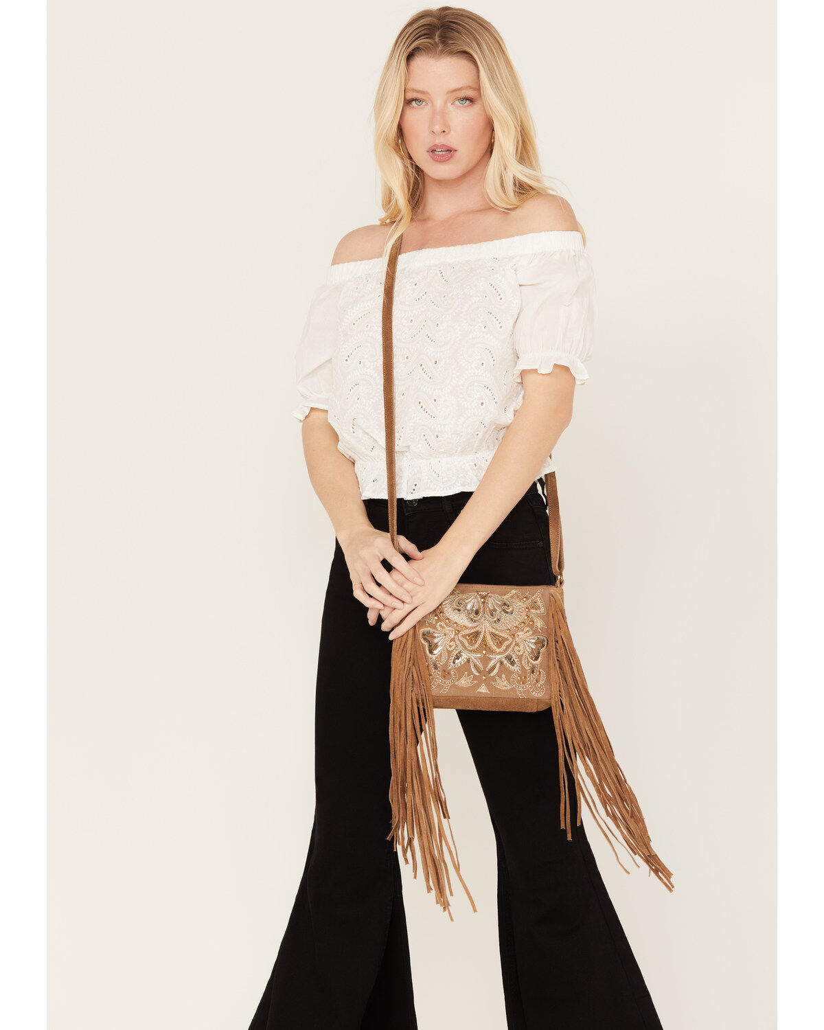 Shyanne Women's Light Brown Velvet Embroidered Crossbody Bag