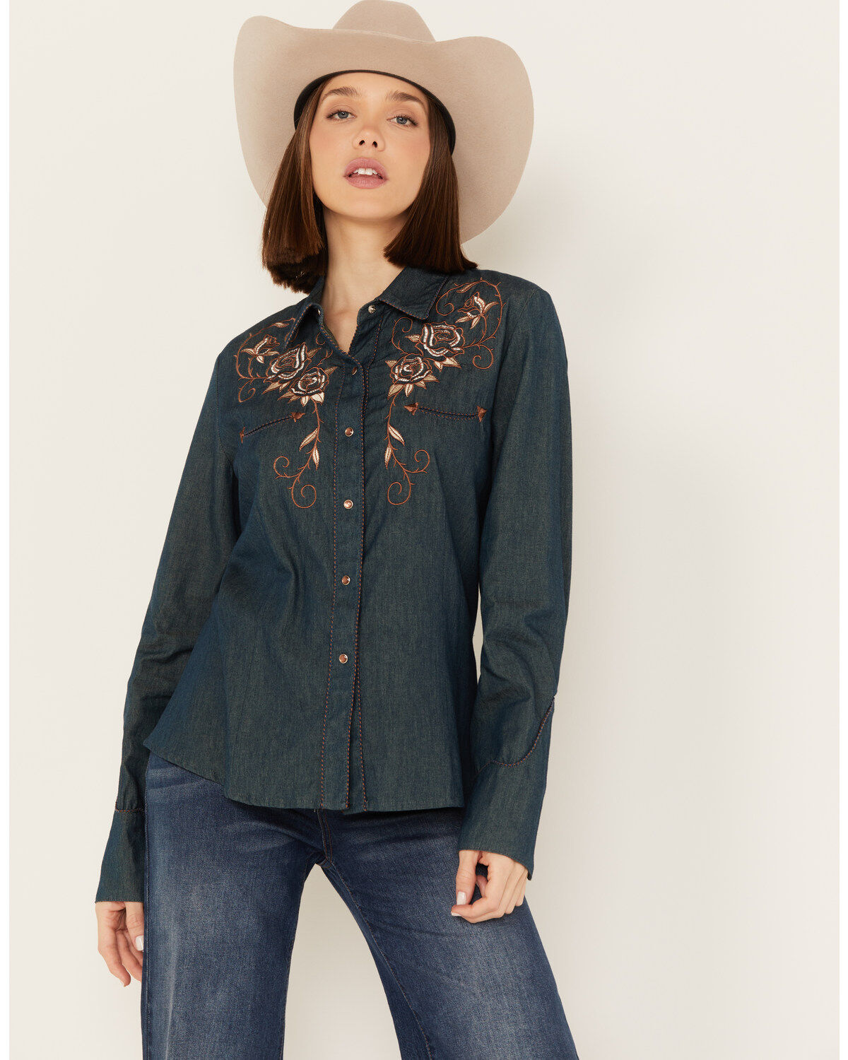 Scully Women's Rose Embroidered Denim Long Sleeve Pearl Snap Western Shirt