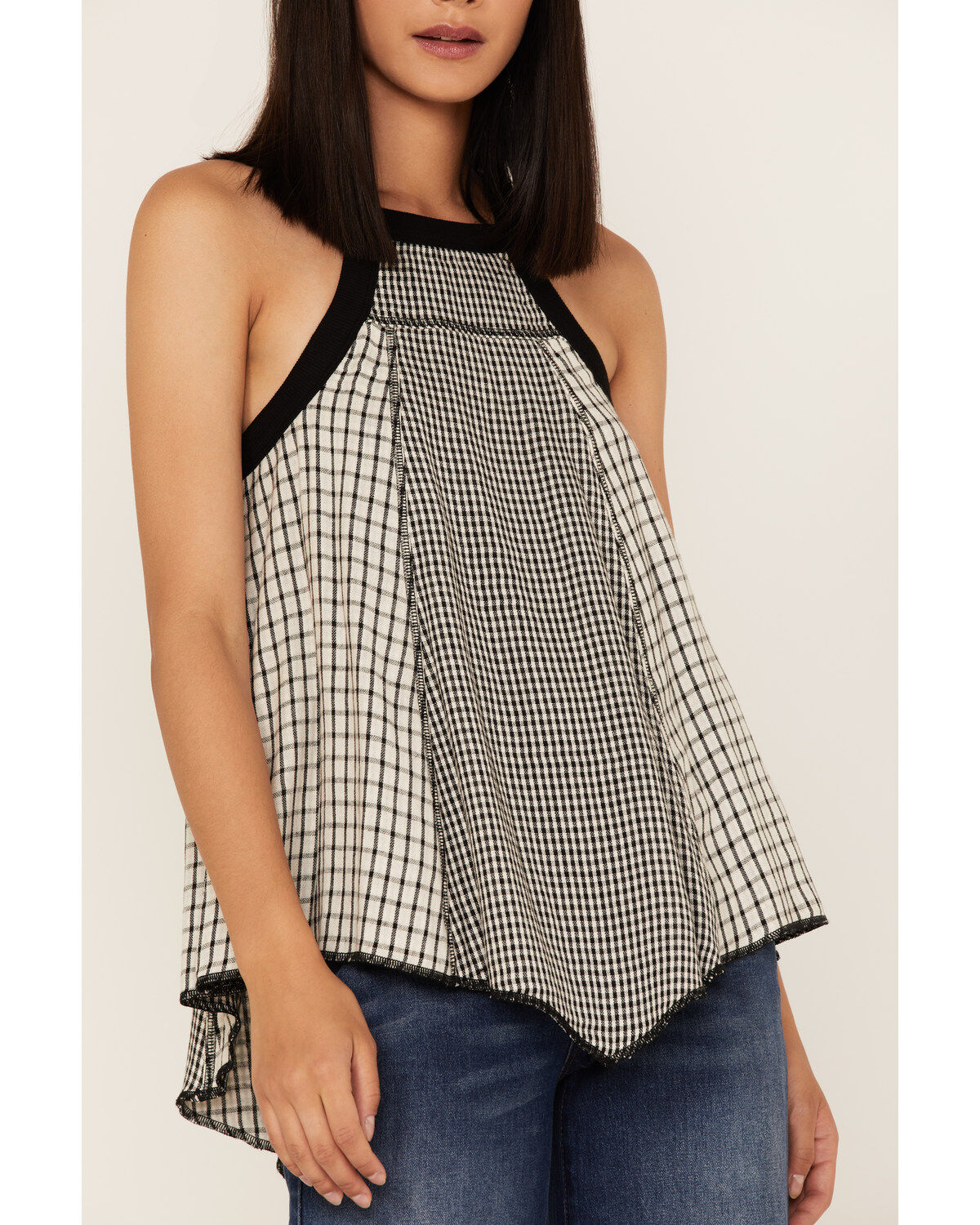 Cleo + Wolf Women's Grid Print Hanky Hem Halter Top