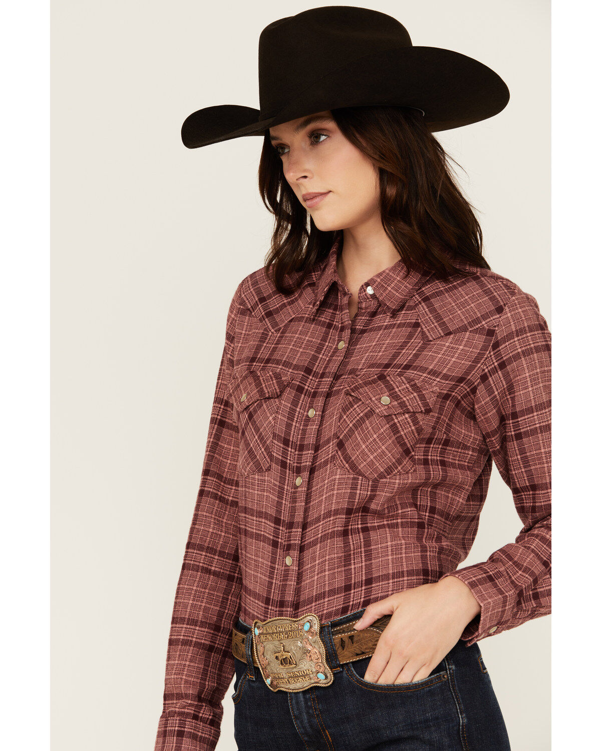 Wrangler Women's Plaid Print Long Sleeve Pearl Snap Flannel Shirt