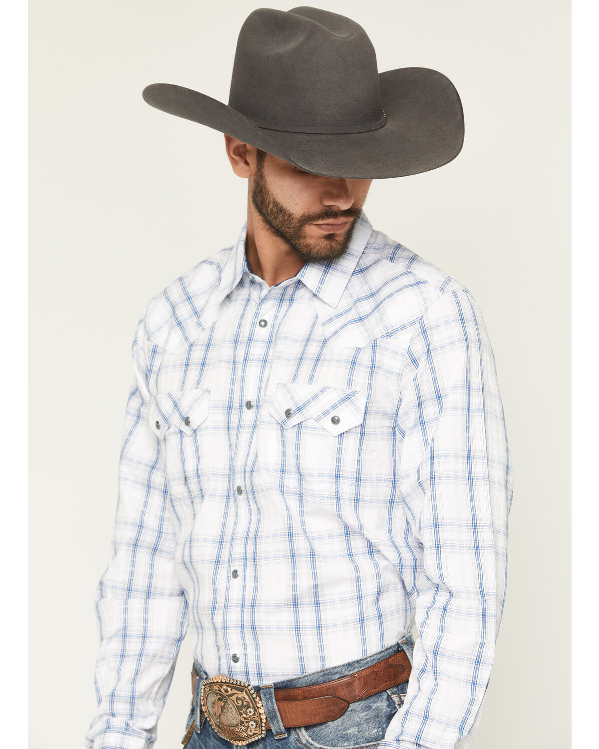 Moonshine Spirit Men's All Day Long Dobby Plaid Print Long Sleeve Snap Western Shirt