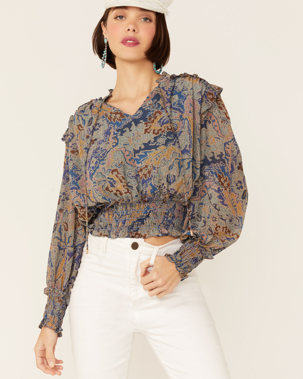 Revel Women's Tapestry Print Smocked Long Sleeve Top