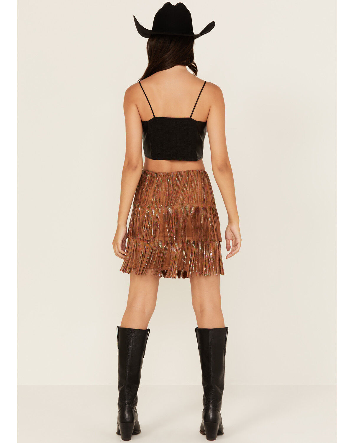 Fornia Women's Rhinestone Fringe Faux Suede Mini Skirt