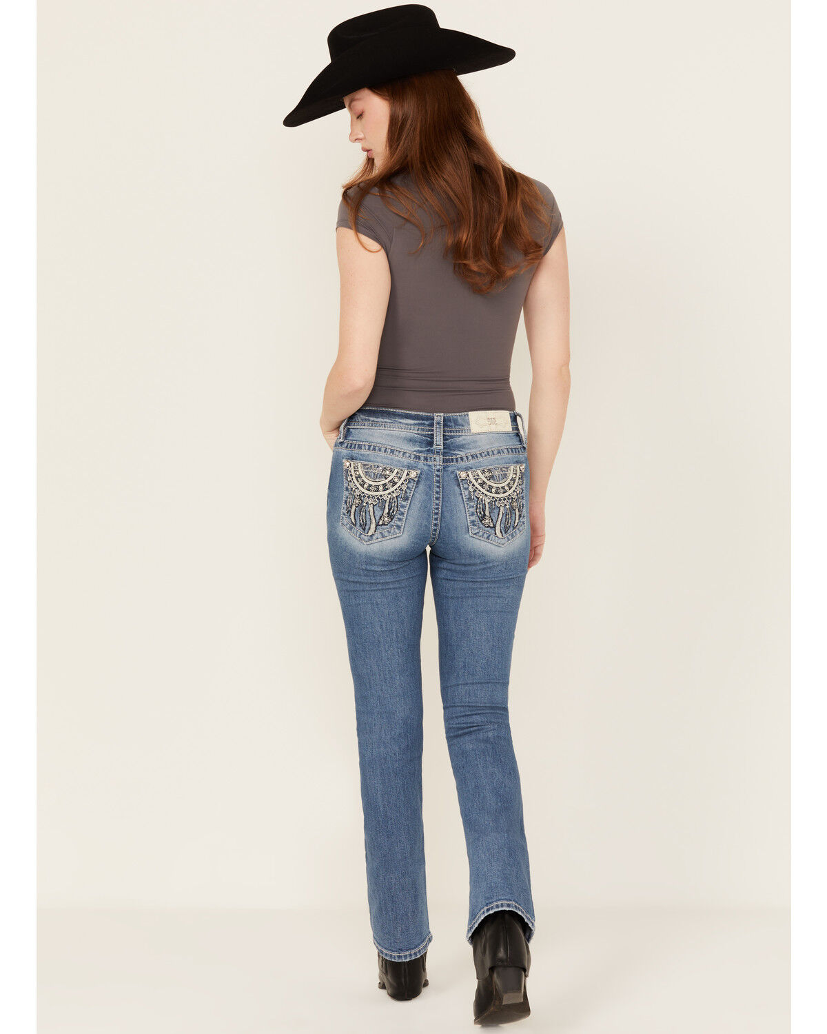 Miss Me Women's Medium Wash Dream Catcher Embroidered Mid Rise Bootcut Stretch Denim Jeans
