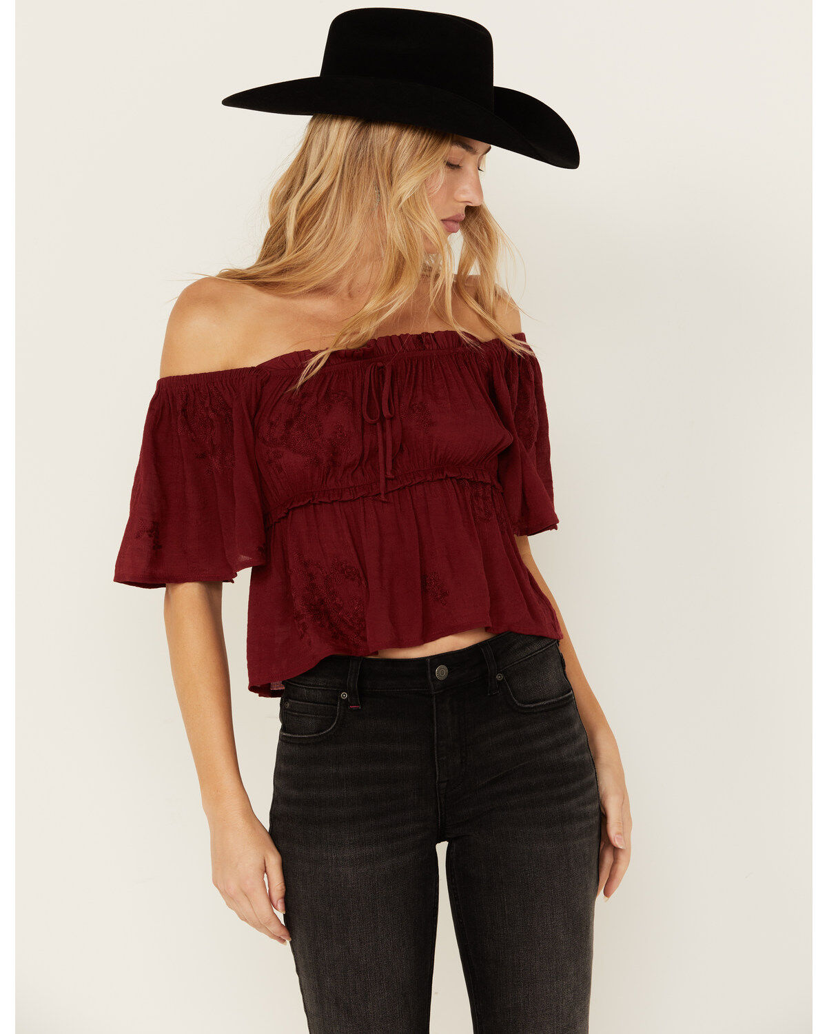Wild Moss Women's Jacquard Flutter Sleeve Top