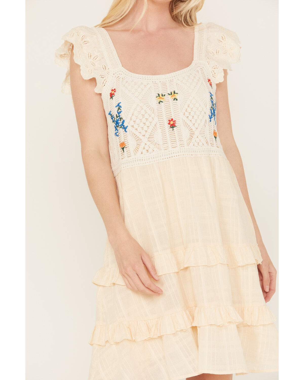 Miss Me Women's Floral Crochet Flutter Sleeveless Tier Mini Dress