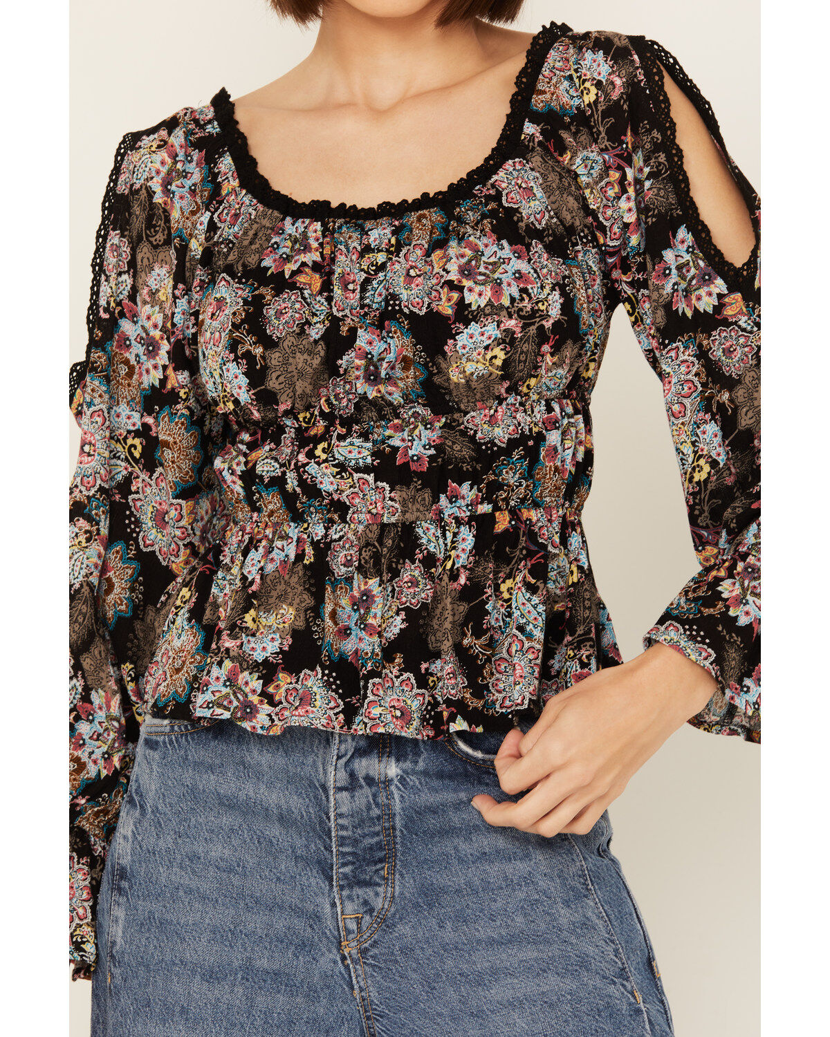 Wild Moss Women's Smocked Front Cold Shoulder Long Sleeve Shirt