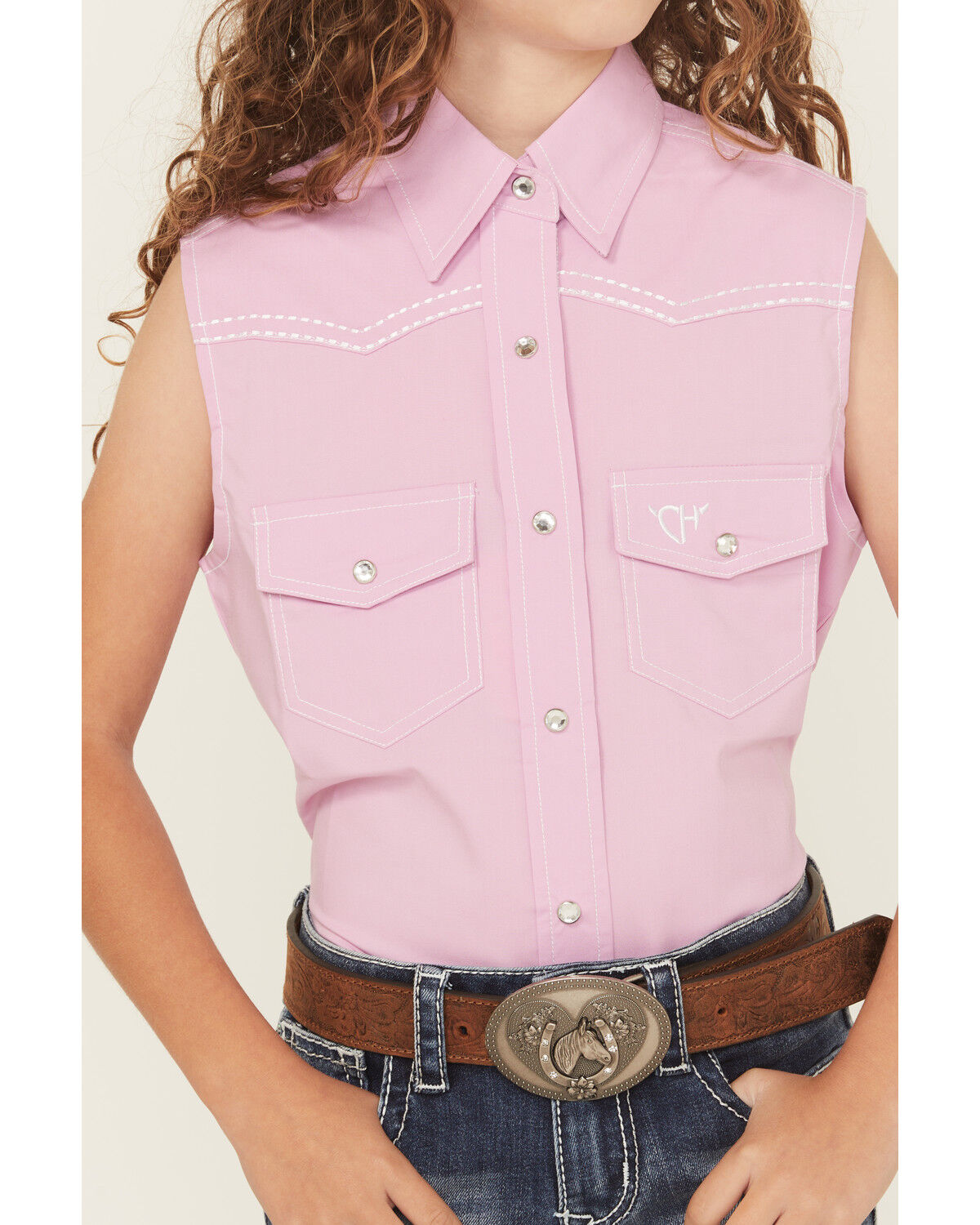 Cowgirl Hardware Girls' Solid Sleeveless Snap Western Shirt