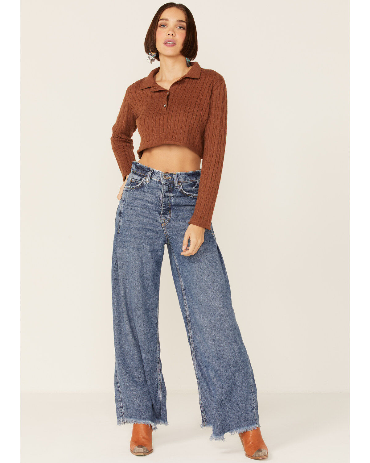 Callahan Women's Rootbeer Brown Cable Knit Long Sleeve Daisy Polo