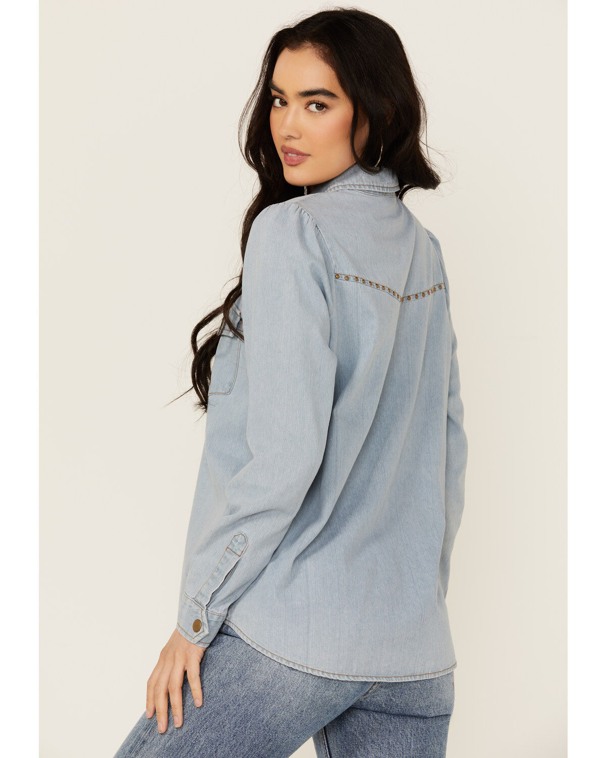 Blue B Women's Light Wash Studded Keyhole Long Sleeve Snap Denim Shirt