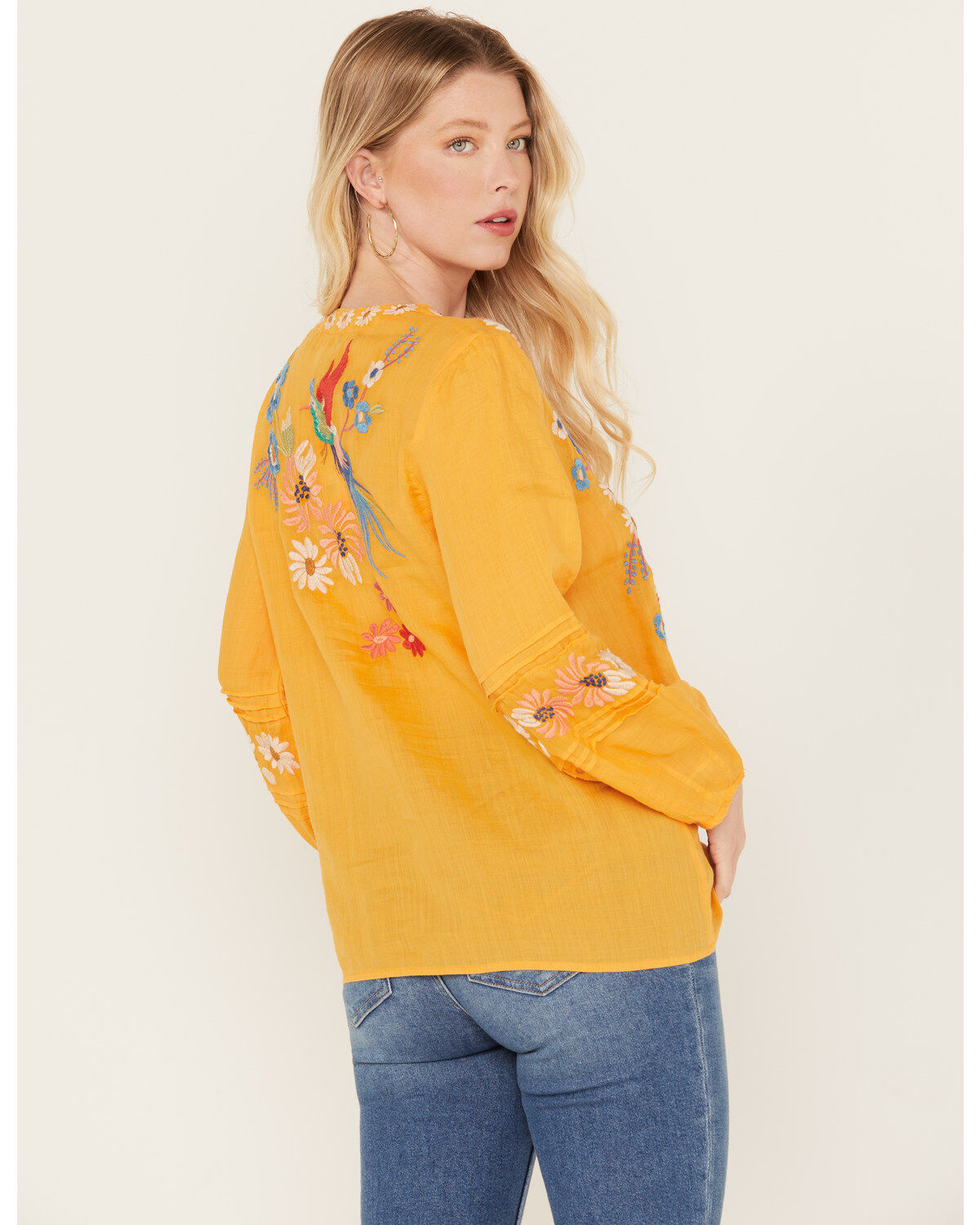 Johnny Was Women's Marissa Floral Embroidered Long Sleeve Pintuck Blouse