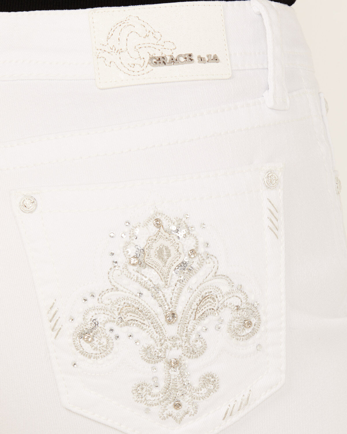 Grace In LA Women's Fleur De Lis Pocket Mid Rise Bootcut Stretch Denim Jeans