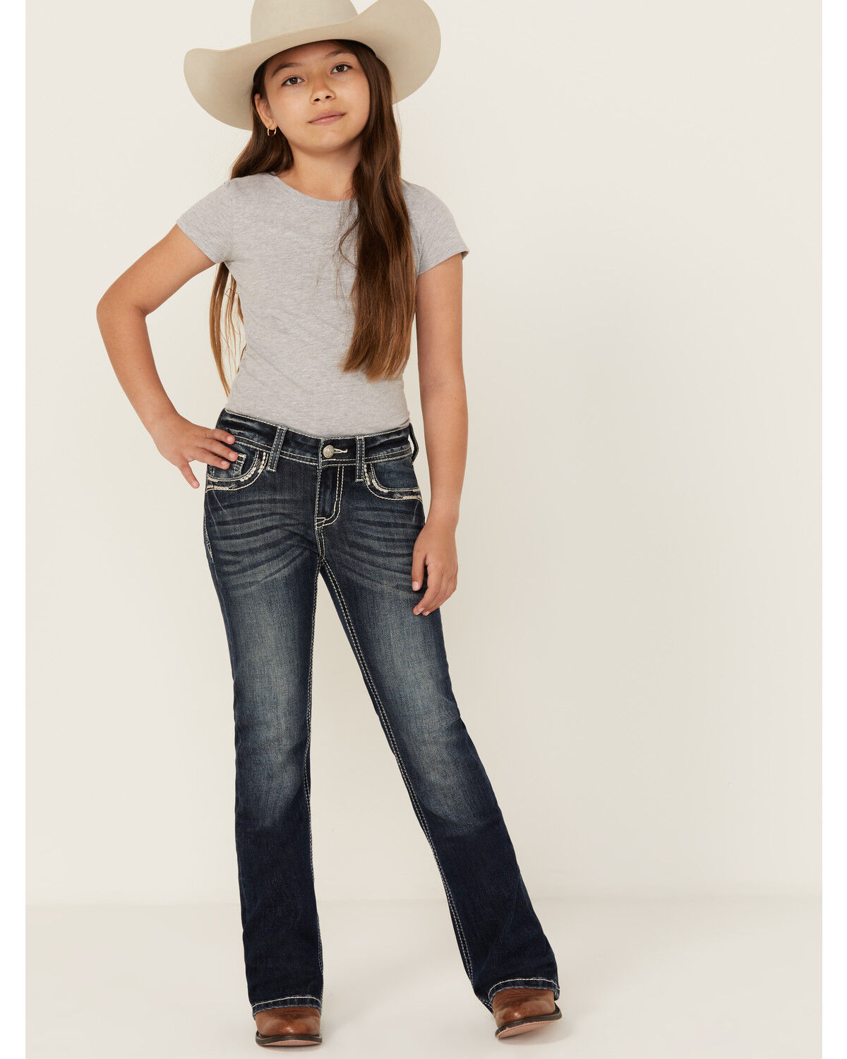 Grace in LA Girls' Dark Wash Horseshoe Flower Pocket Bootcut Stretch Denim Jeans