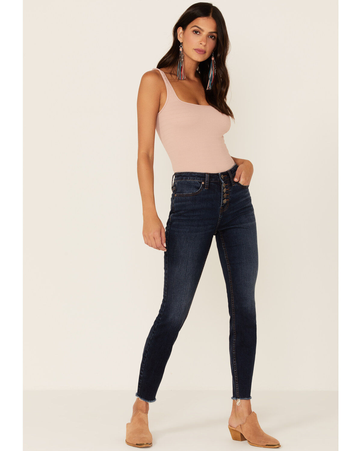 Shyanne Women's High Rise Fringe Hem Front Button Stretch Skinny Jeans