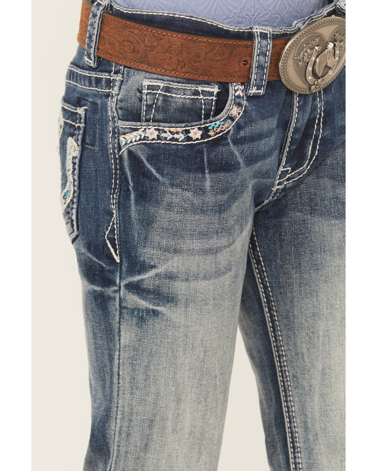 Grace in LA Little Girls' Light Wash Double Horseshoe Pocket Bootcut Stretch Denim Jeans