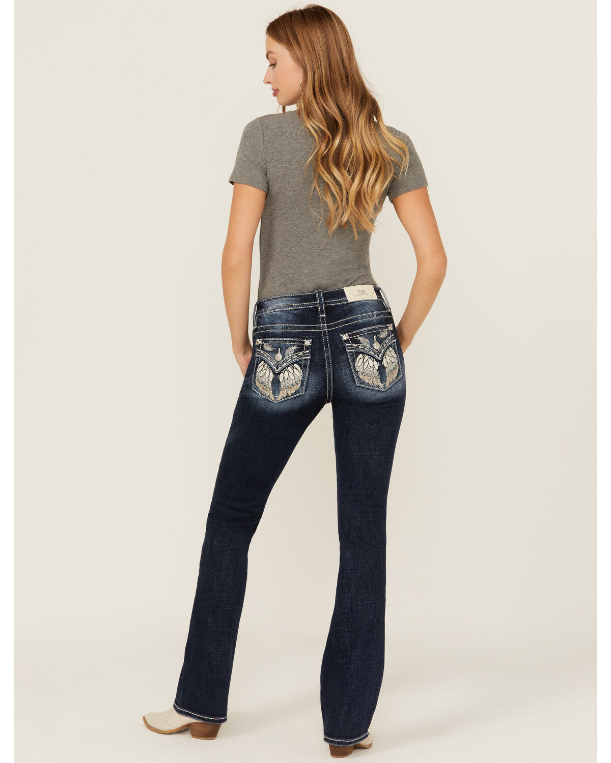 Miss Me Women's Dark Wash Mid Rise Wing Pocket Bootcut Stretch Denim Jeans