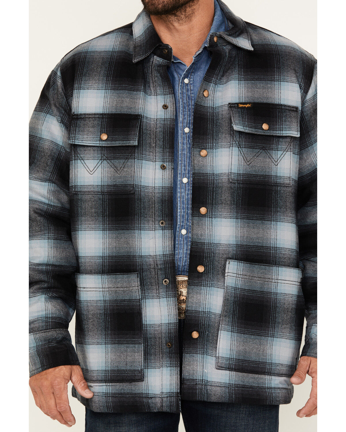 Wrangler Men's Hombre Sherpa Lined Plaid Print Snap Flannel Shirt Jacket