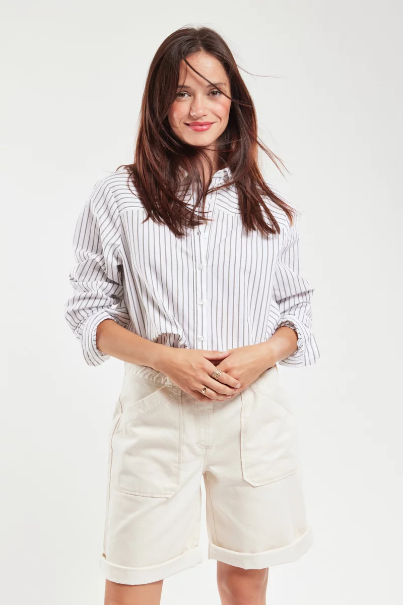Chemise rayée - coton et lin | Blanc/Caccia