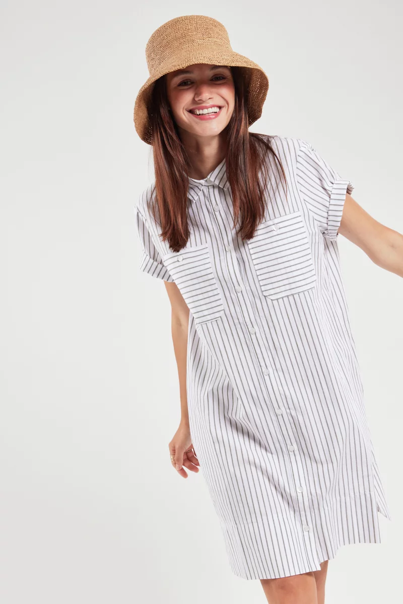 Robe chemise rayée - coton et lin | Blanc/Caccia