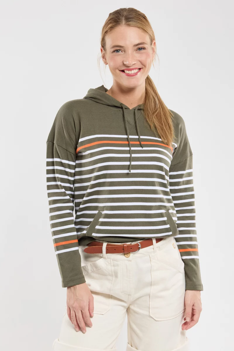 Sweat rayé à capuche - coton rustique