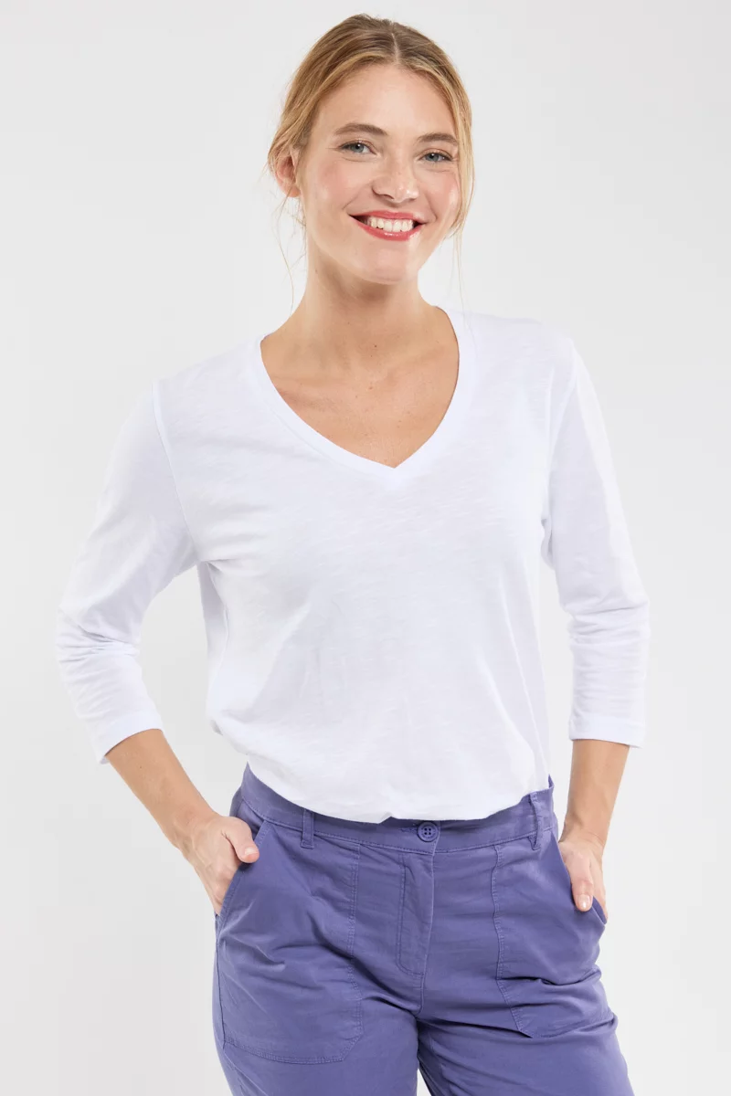 T-shirt col V - coton léger | Blanc