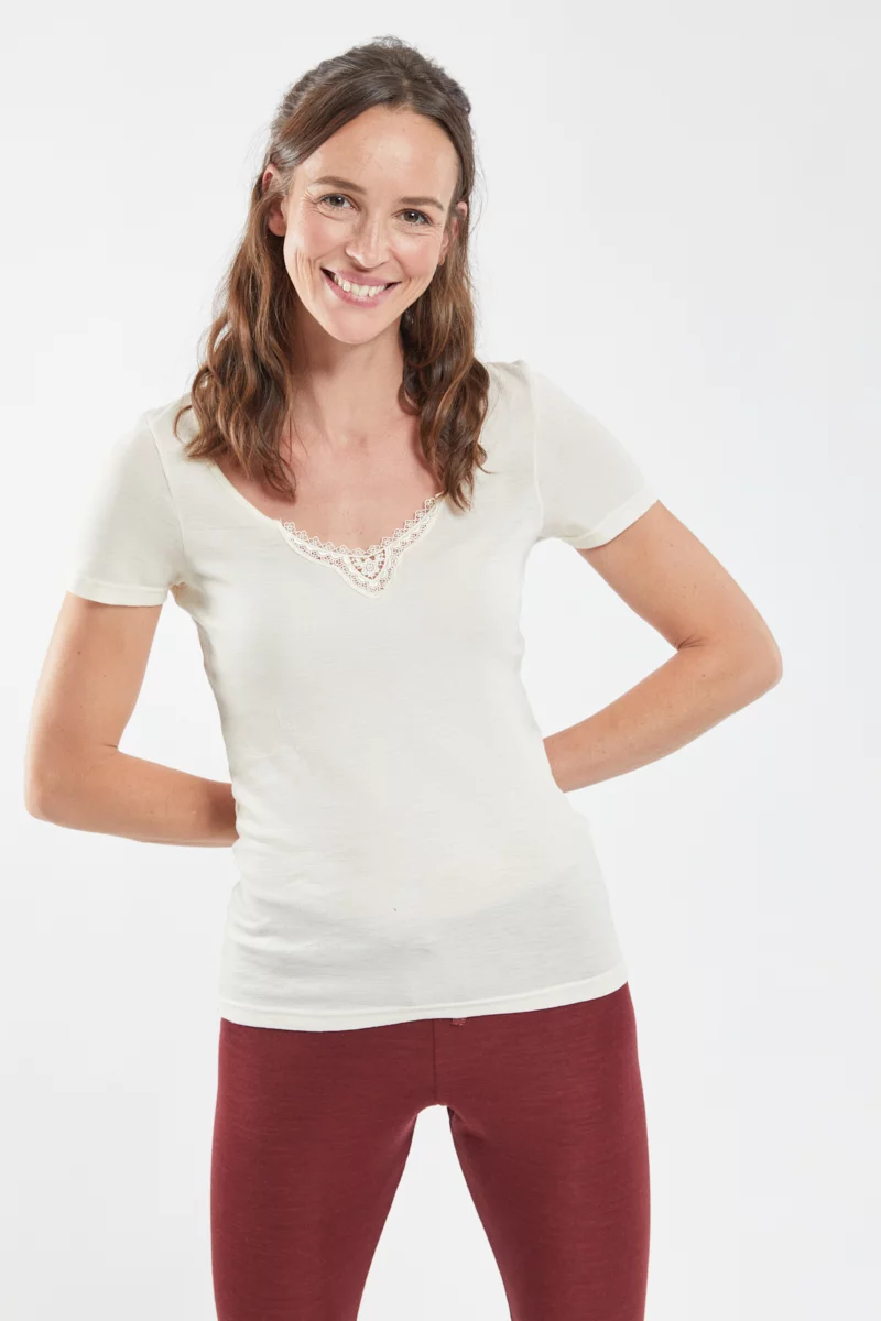 T-shirt col dentelle - laine et soie