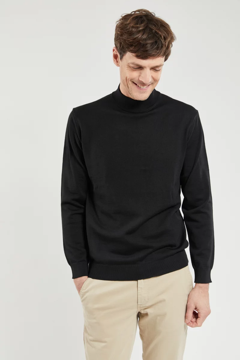 Pull uni col cheminée Bérac - laine mérinos | Noir