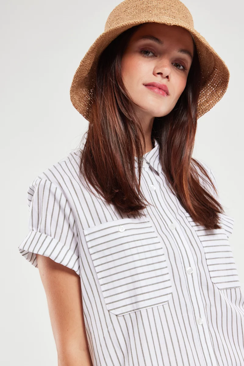 Robe chemise rayée - coton et lin | Blanc/Caccia