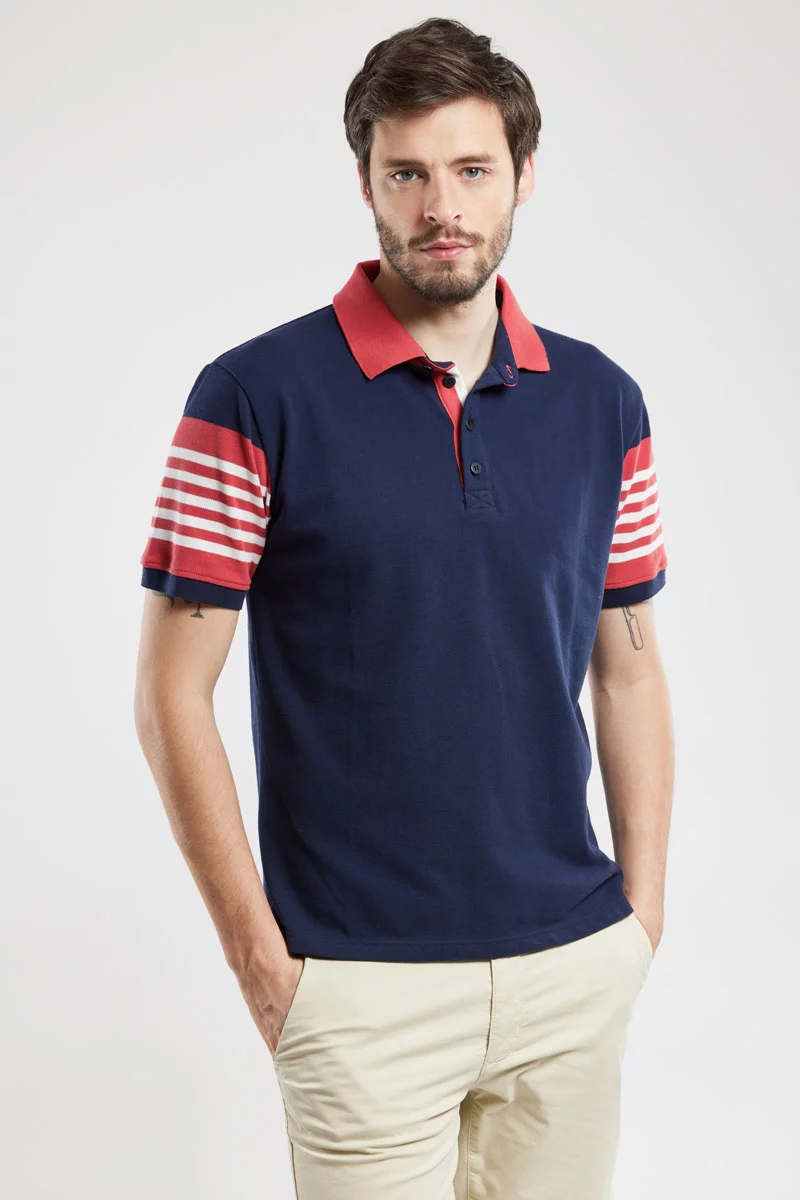 Polo manches rayées - coton piqué | Marine deep