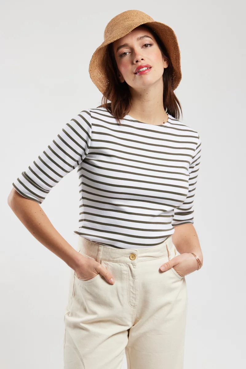 Marinière manches 3/4 - coton épais | Blanc/Caccia