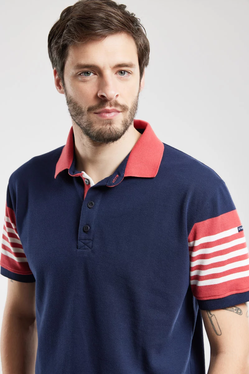 Polo manches rayées - coton piqué | Marine deep