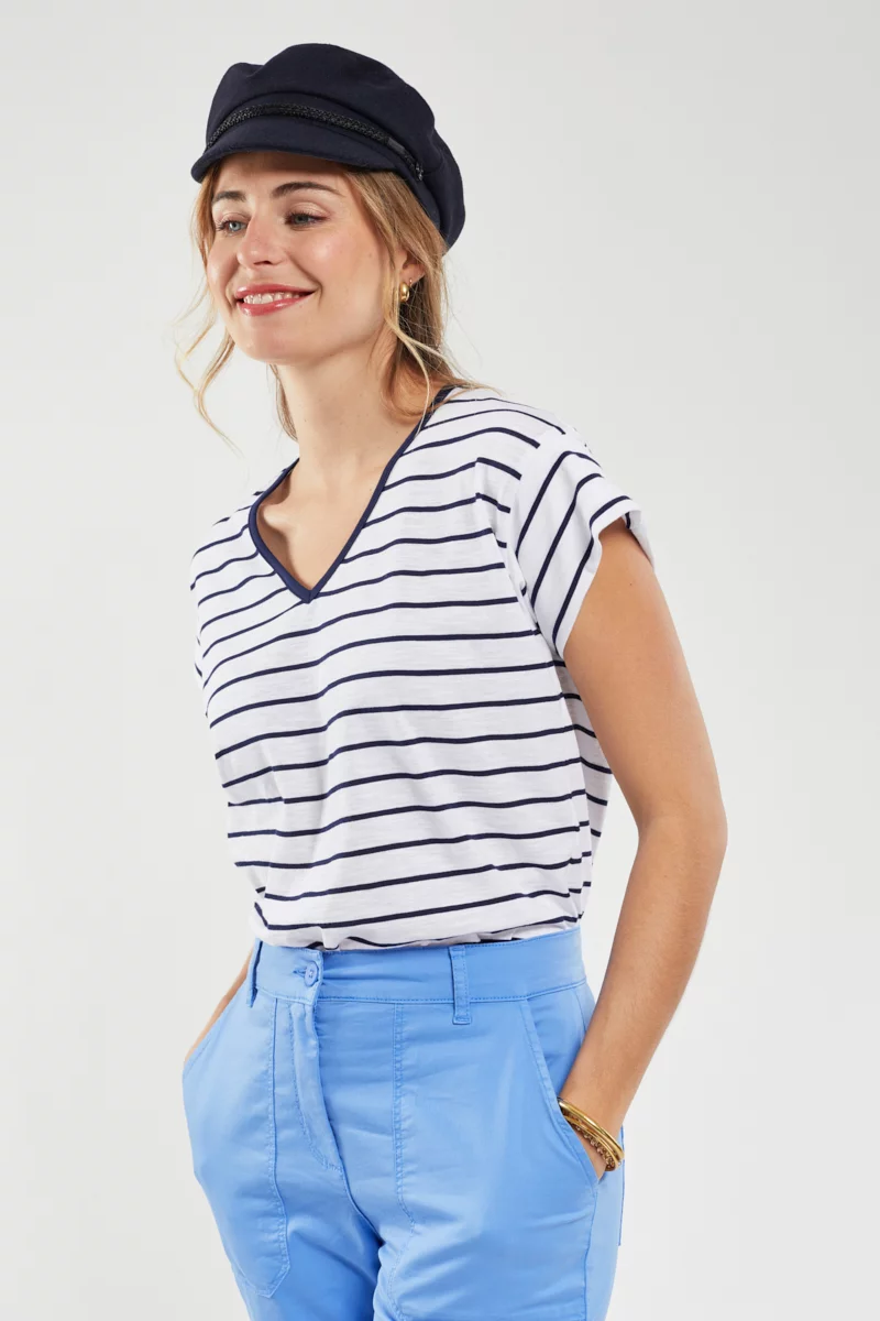 T-shirt rayé col V - coton léger