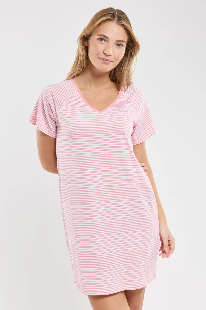 Chemise de nuit rayée - coton léger | Blanc/Flamingo E24