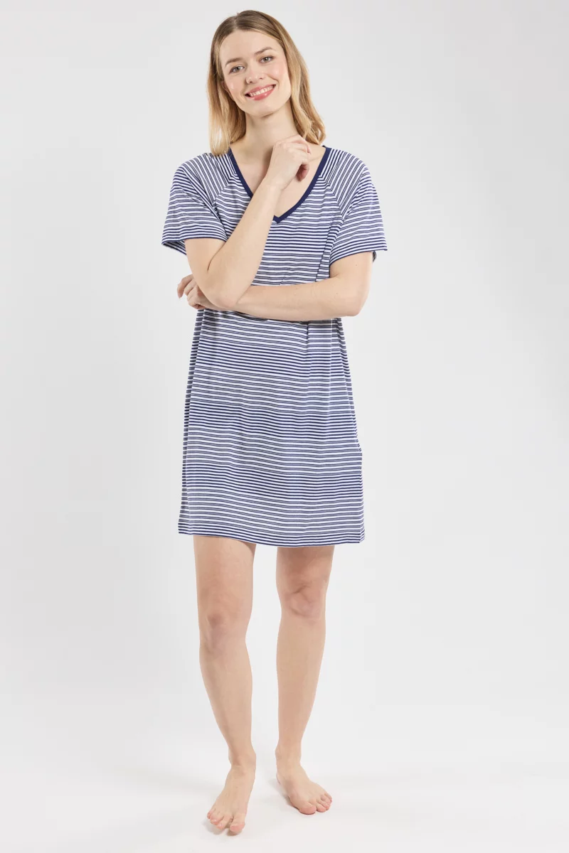 Chemise de nuit rayée - coton léger | Blanc/Bleu nuit E24