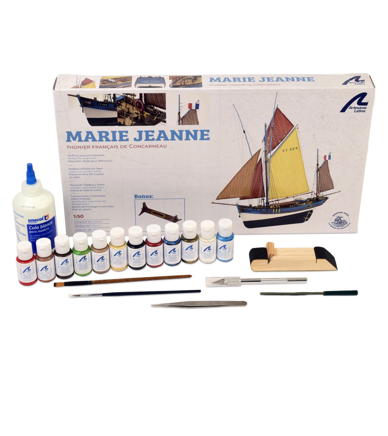 Gift Pack with Ship Model, Paints and Tools: Tuna Boat Marie Jeanne
