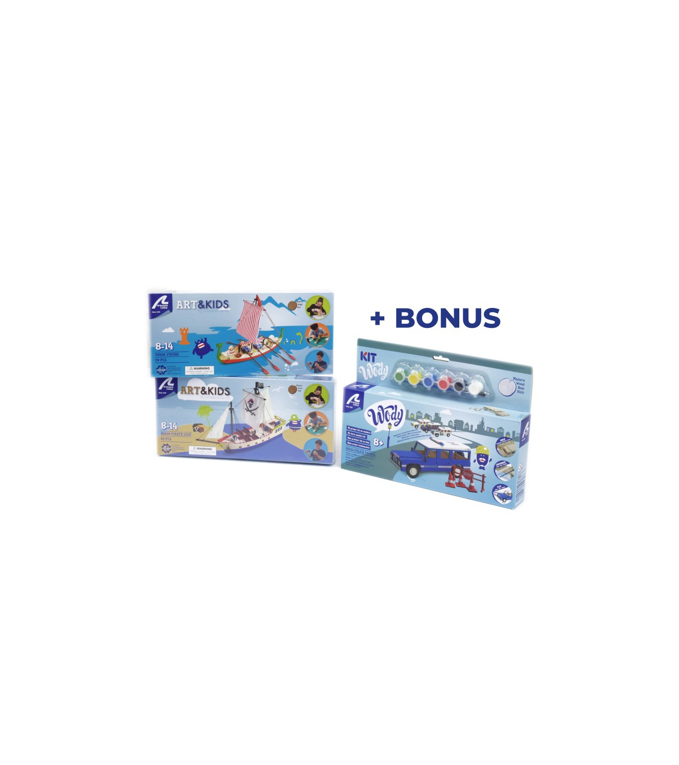 Gift Pack with Models for Kids +8: Viking Ship, Pirate Ship and Police Car