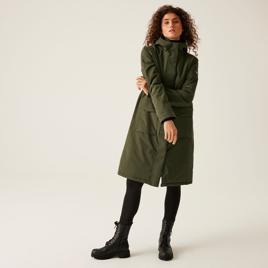 Women's Yarli Waterproof Longline Jacket | Dark Khaki Black