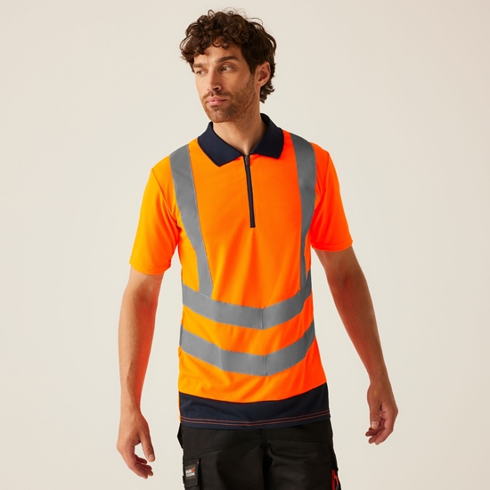 Men's Hi Vis Pro Reflective Polo Work Shirt | Orange Navy
