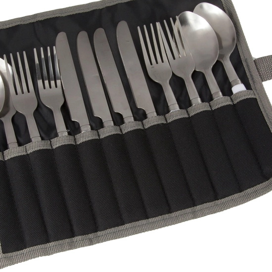 4 Person Camping Cutlery Set Stainless Steel | Black Seal Grey