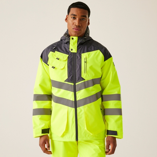 Men's Hi-Vis Waterproof Reflective Hooded Jacket | Yellow Grey