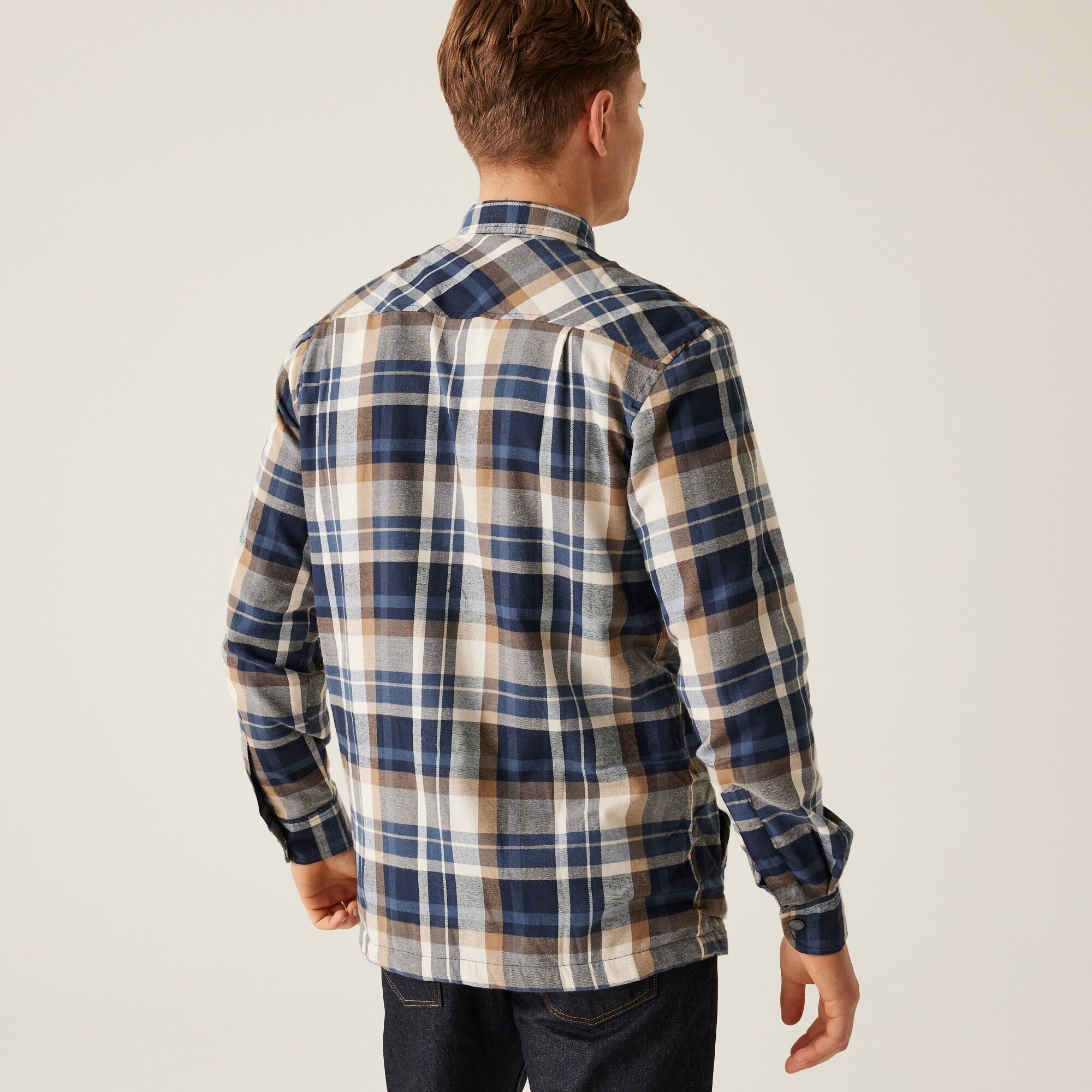 Men's Thamos Long Sleeved Checked Shirt | Navy Gold Sand Check