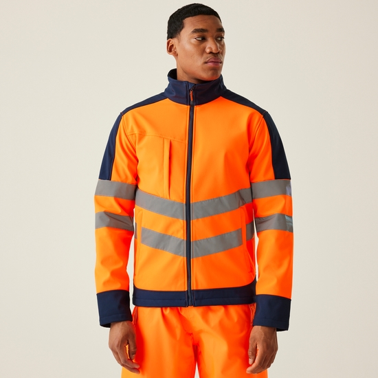 Men's Hi-Vis 3 Layer Softshell Reflective Work Jacket | Orange Navy