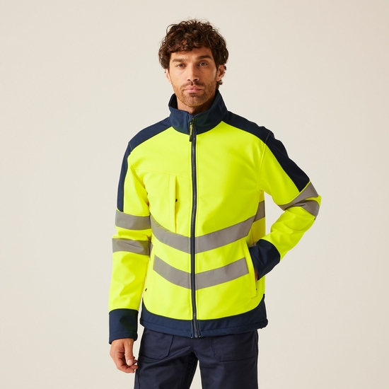 Men's Hi-Vis 3 Layer Softshell Reflective Work Jacket | Yellow Navy