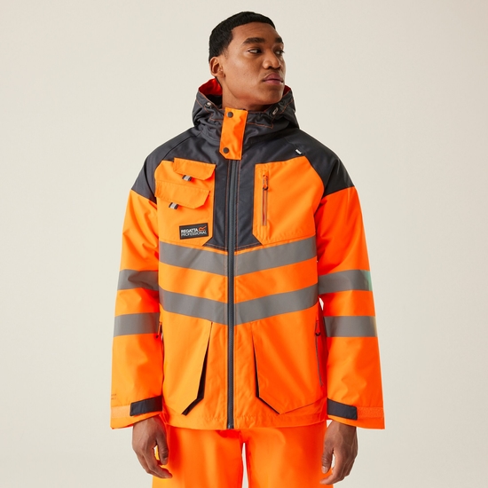 Men's Hi-Vis Waterproof Reflective Hooded Jacket | Orange Grey