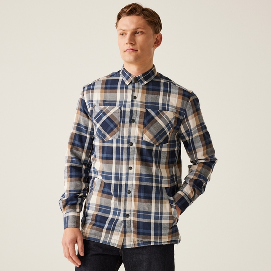 Men's Thamos Long Sleeved Checked Shirt | Navy Gold Sand Check