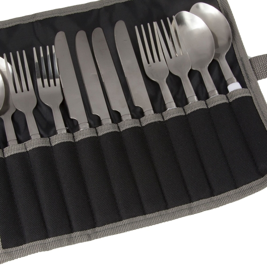 4 Person Camping Cutlery Set Stainless Steel | Black Seal Grey