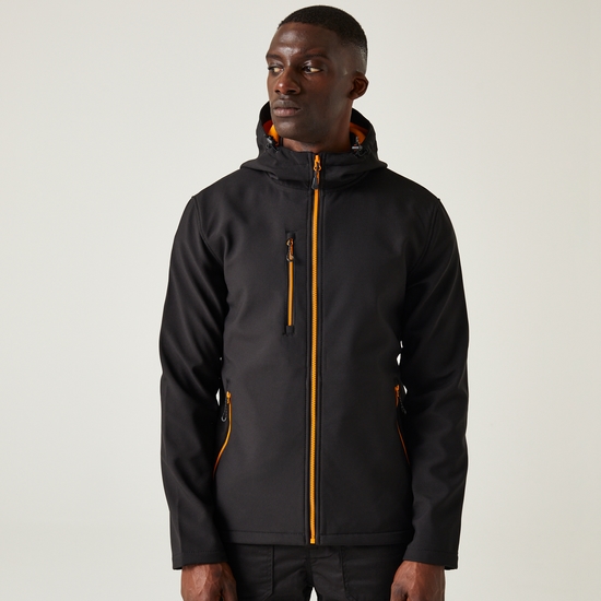 Men's Navigate 2 Layer Hooded Softshell Jacket | Black Orange Pop