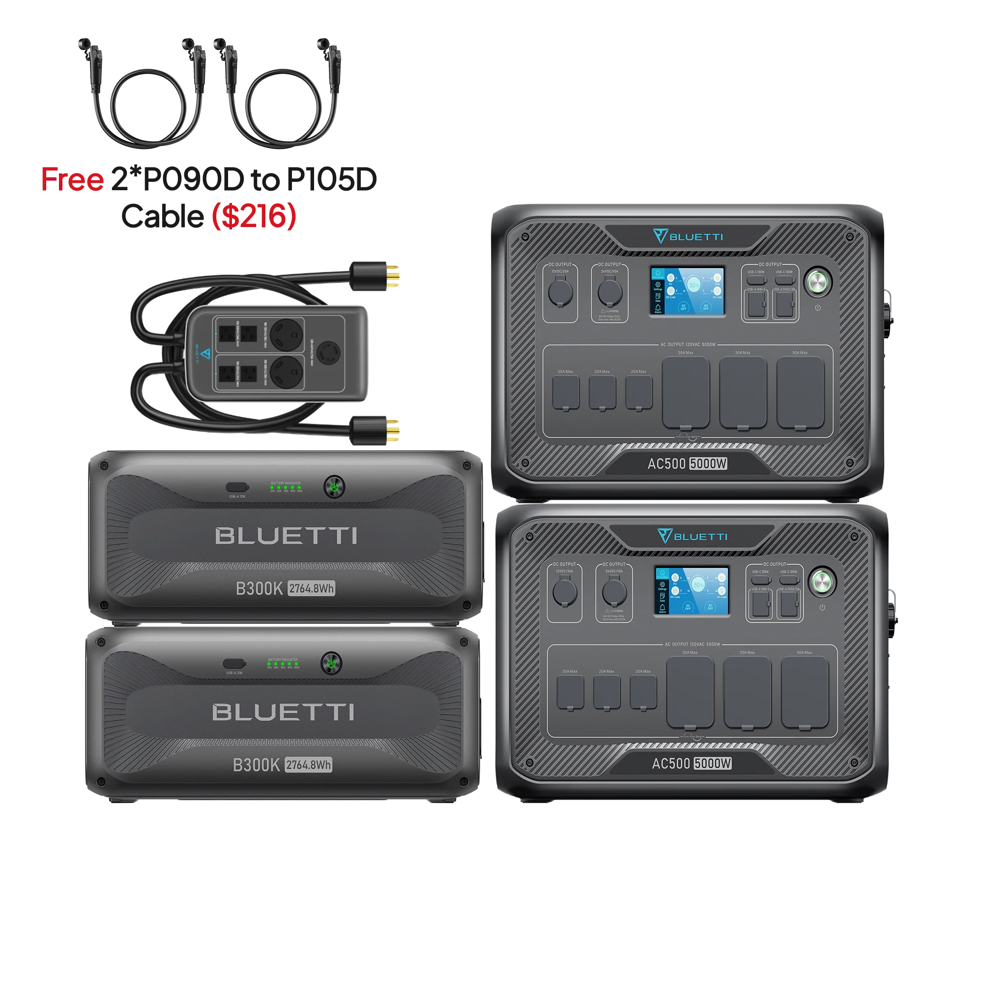 BLUETTI 2*AC500+2*B300K+P030A (Free P090D-P150D Cable) | Home Battery Backup