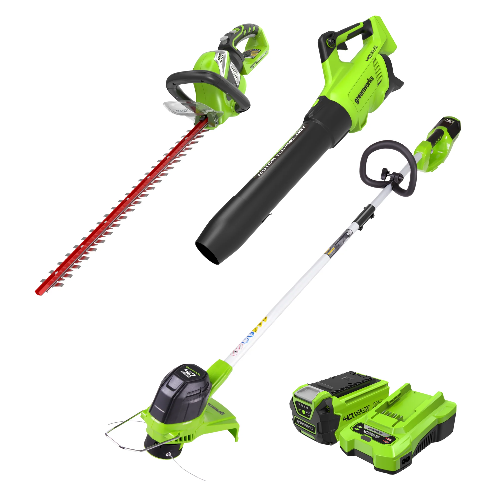 40V 12 Cordless Battery String Trimmer, 550 CFM Blower & 24 Hedge Trimmer Combo Kit w/ 2.0 Ah Battery & Charger